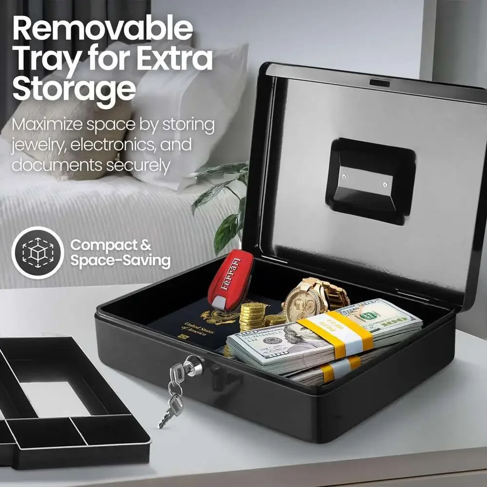 Cash Box with Lock and Money Tray, 9-Compartment Small Business Coin Cash